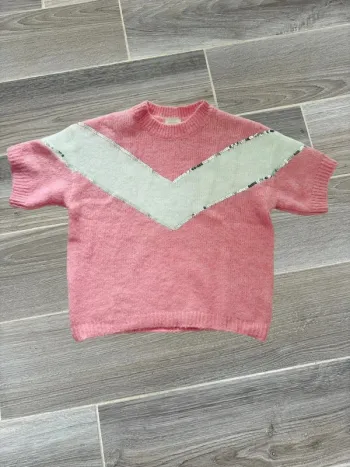 Pull manche courte femme rose et blanc