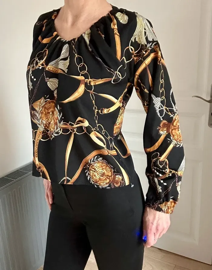 Blouse noire manches longues motif jaune moutarde T36 (S) - photo numéro 6
