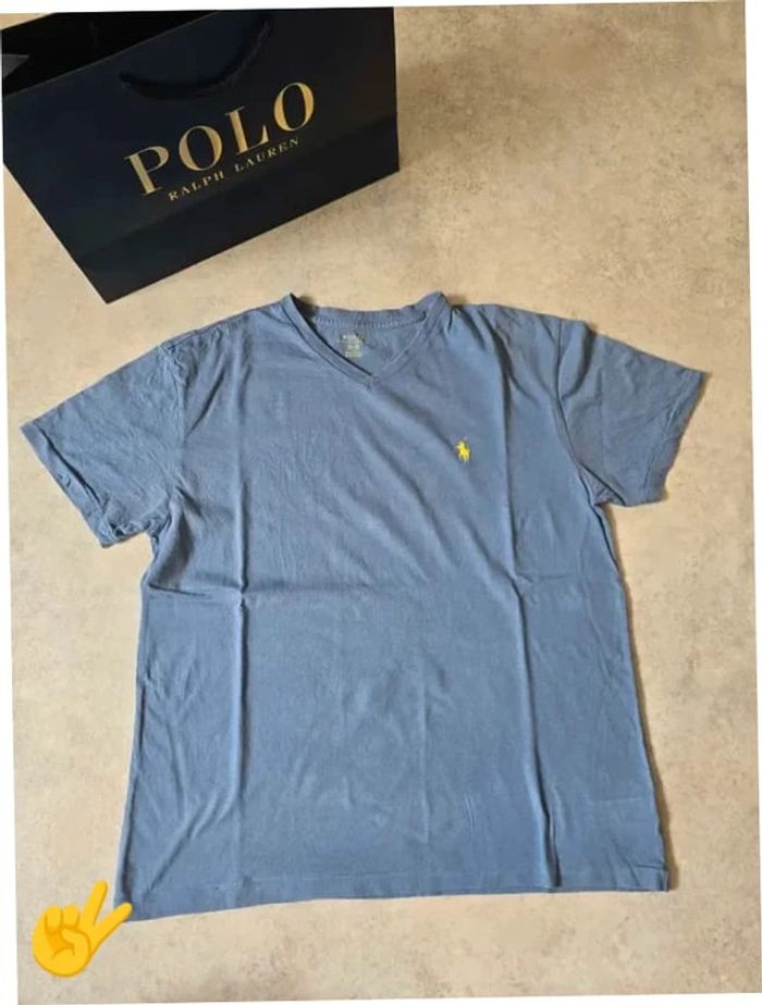 T-shirt Ralph Lauren M coupe col V bleu Homme Men tee3b - photo numéro 4