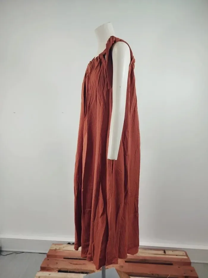 Robe longue rouille Quintessence en coton, effet gaufré, nouée à l'épaule, style bohème A1564 - photo numéro 9