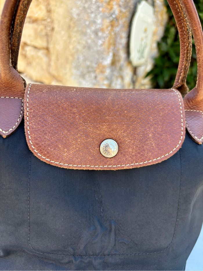 Longchamp Le Pliage S noir – porté main – cuir marron – authentique - photo numéro 4