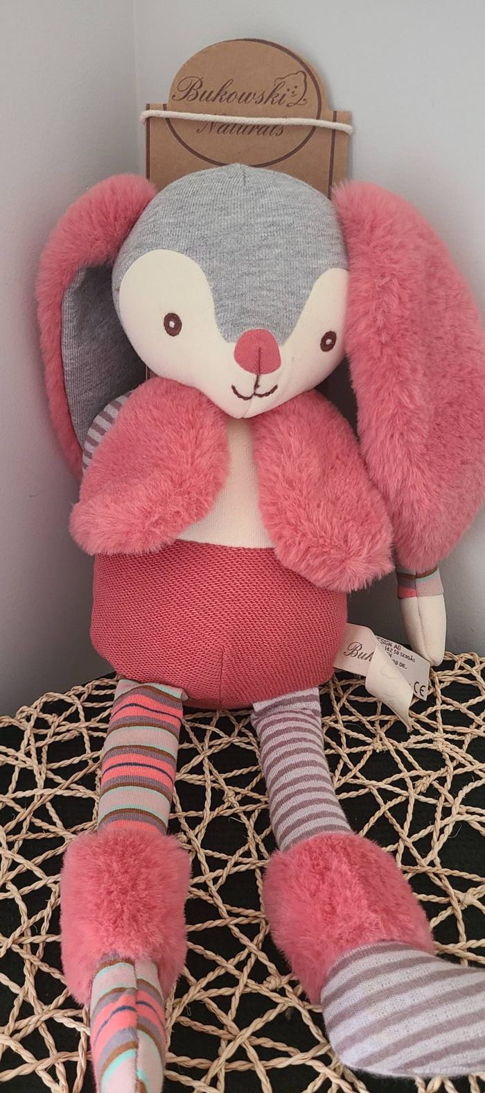 Doudou Lapin Natural rose gris blanc gilet BUKOWSKI - photo numéro 3