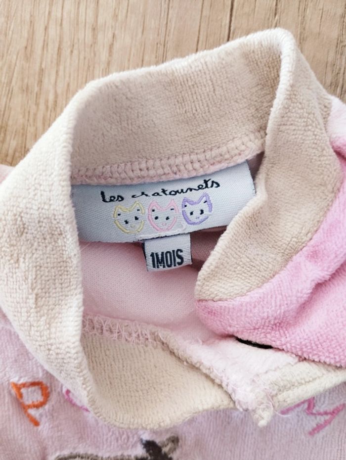 Pyjama grenouillère velours fille rose et beige taille 1 mois Les Chatounets - photo numéro 2