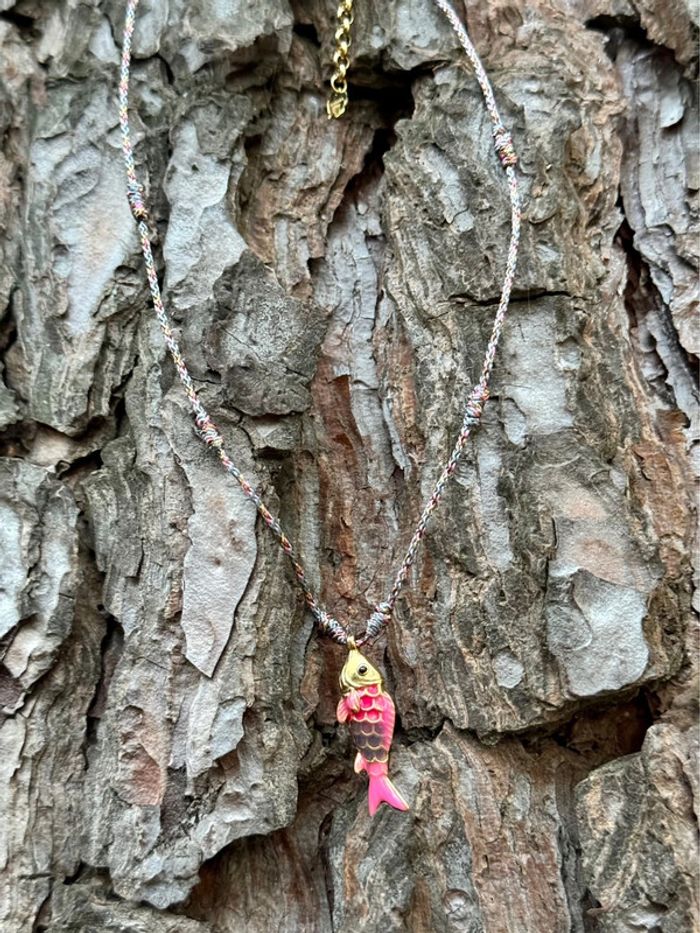 Collier cordon tressé  chaîne réglable et poissons acier inoxydable or habaha Paris - photo numéro 3