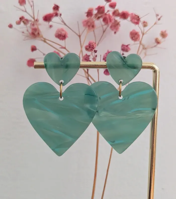 Boucles d'oreilles pendantes double cœur vert bleu