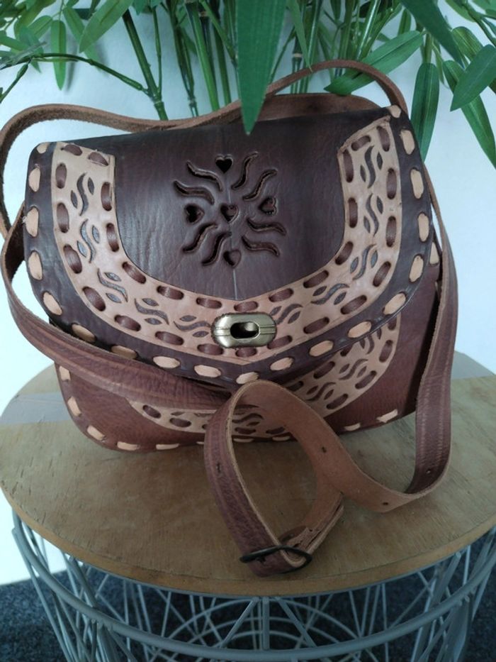 Sac à main en cuir bi couleur cousu à la main - photo numéro 5