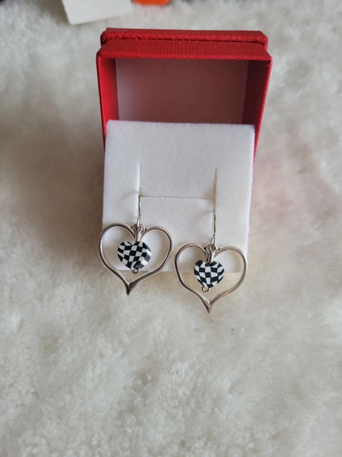 Boucles d oreilles silver et cœur vichy - photo numéro 2