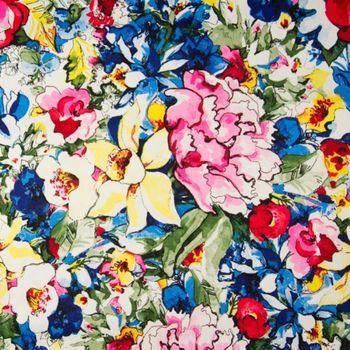 Tissu satin coton imprimé fleurs luxuriantes jaune, bleu et rose – Mondial Tissus 5 m x 1.45 m