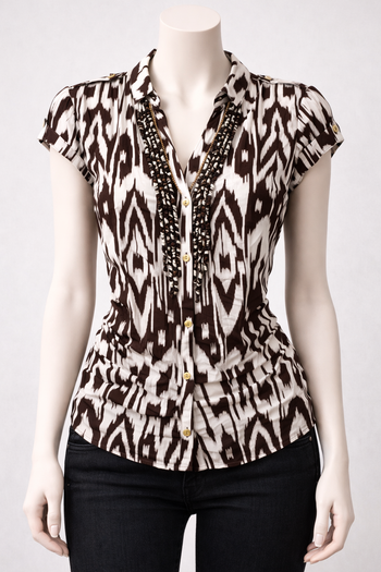 chemisier imprimé marron et beige manches courtes voile Taille 44 Cortefiel women Neuf