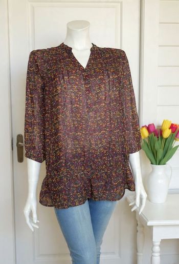 blouse fluide et légère en mousseline Camaïeu taille 40 marron motifs état neuf