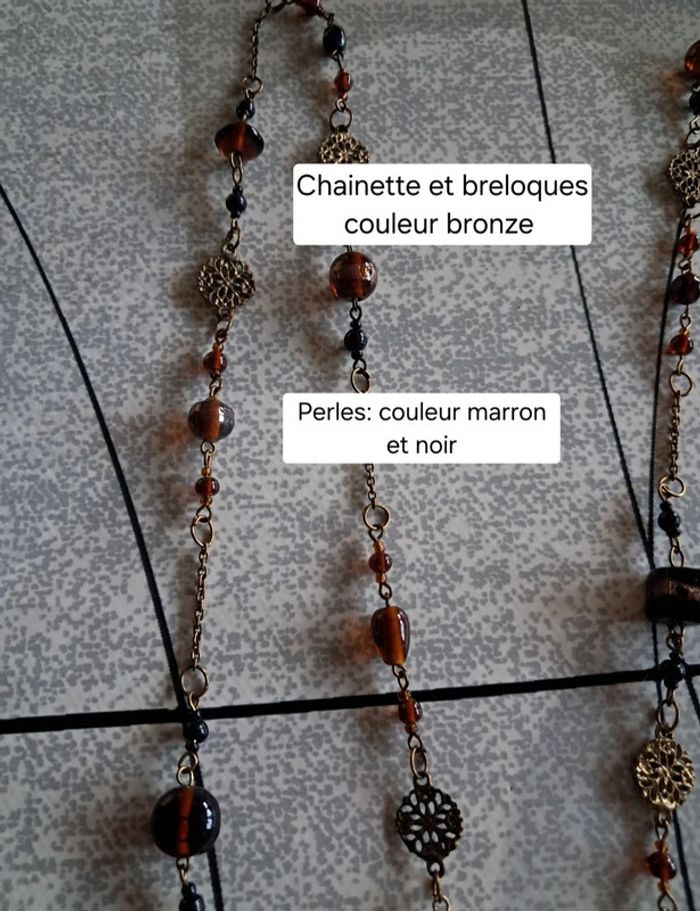 Collier long NEUF chaîne et breloques couleur bronze et doré - photo numéro 3