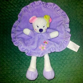 Doudou souris violet (mauve),blanc broderies fleurs, Kimbaloo