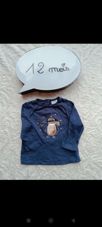 Tee shirt chemise manches longues Fille 12 mois pingouin Noël avalanche d'étoiles Tao 100% coton