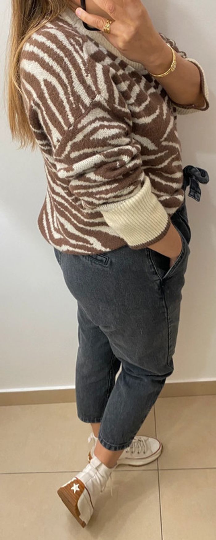 Superbe Pull Oversize Zebré Crème Et Marron Taille Unique - photo numéro 7
