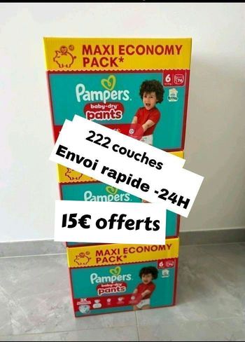 222 couches Pampers taille 6 pants lot de 3 cartons