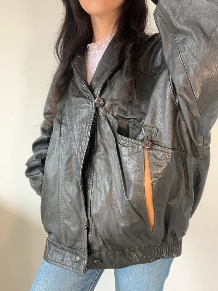 Veste en cuir vintage années 80 noire et marron taille XXL. - photo numéro 6