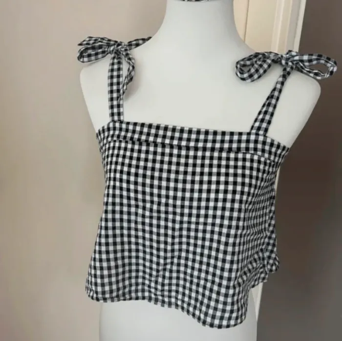 Madewell  top été court débardeur, caraco à bretelles,  Imprimé carreaux Vichy noir et blanc