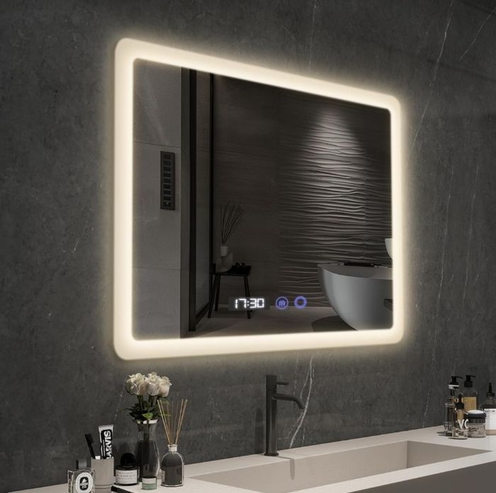 Miroir Salle de Bain avec Éclairage LED 80x60 cm, Luminosité Dimmable et 3 Couleurs Réglables, Fonction Antibuée, Affichage numérique Horloge et Température, Étanche Ip44, Bla - photo numéro 3