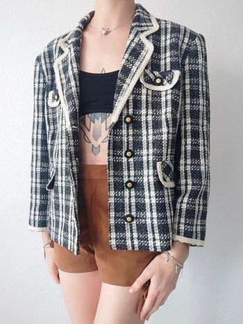 Veste blazer tweed laine carreaux blanc noir vintage - 40/L à 42/XL