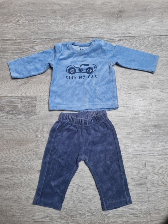 Pyjama chaud velours bébé garçon voiture bleu marine/clair 6 mois Tres Bonne Etat