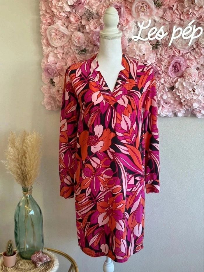 Robe à motifs fleuris rose et rouge, 100% soie, taille 36/38 - Antik Batik - photo numéro 2