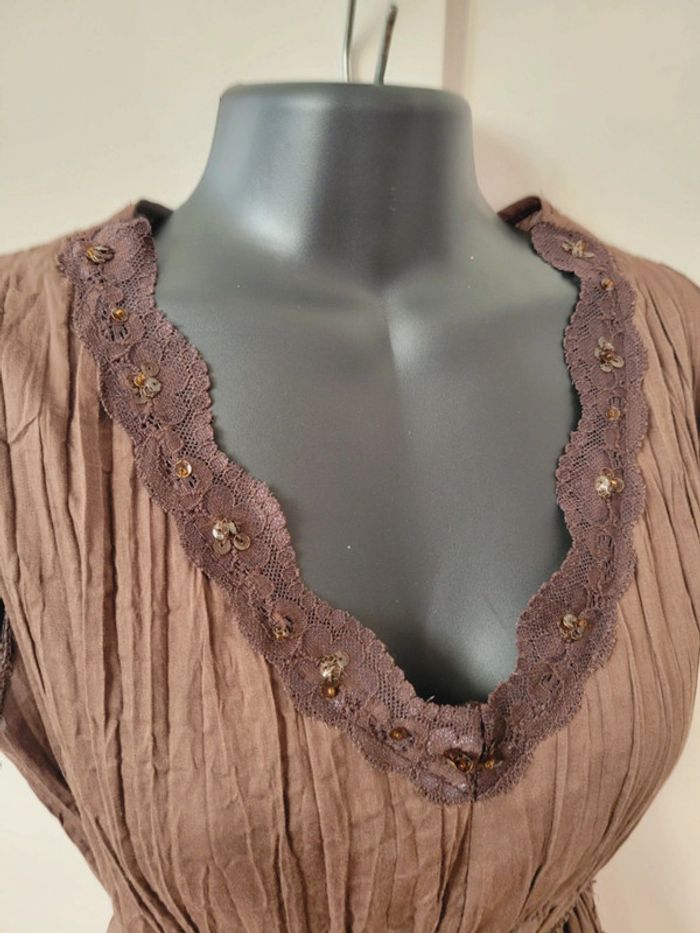 Robe longue marron perles décolletée col V Fairycore coquette taille S 36 en 100% coton - photo numéro 5