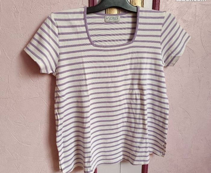 Tee-shirt " Stéréo Maman" rayé blanc  mauve - photo numéro 3