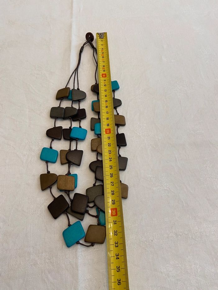 Collier trois rangs en perles de bois plates tons bruns et turquoise neuf - photo numéro 17