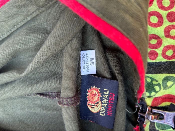 Veste longue gilet sans manches dipawali himitsu taille S M coton - capuche lutin kaki Népal - photo numéro 11