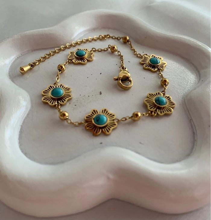 Bracelet fleur bleue turquoise en acier inoxydable doré - photo numéro 7