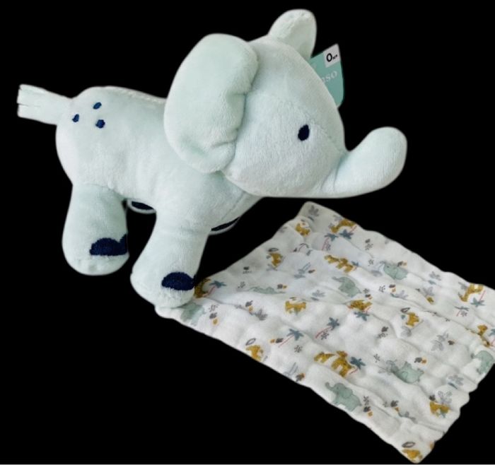 ❤️B4467 Doudou Éléphant Mouchoir Mousseline Plat Blanc Bleu InExtenso AUCHAN - photo numéro 2