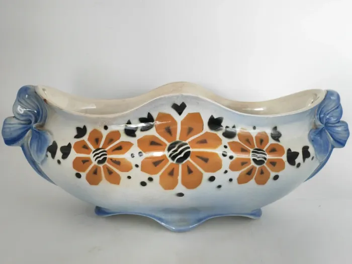 Jardinière Ancienne KG Lunéville avec Décor Floral Orange et Anses Trèfles Bleus