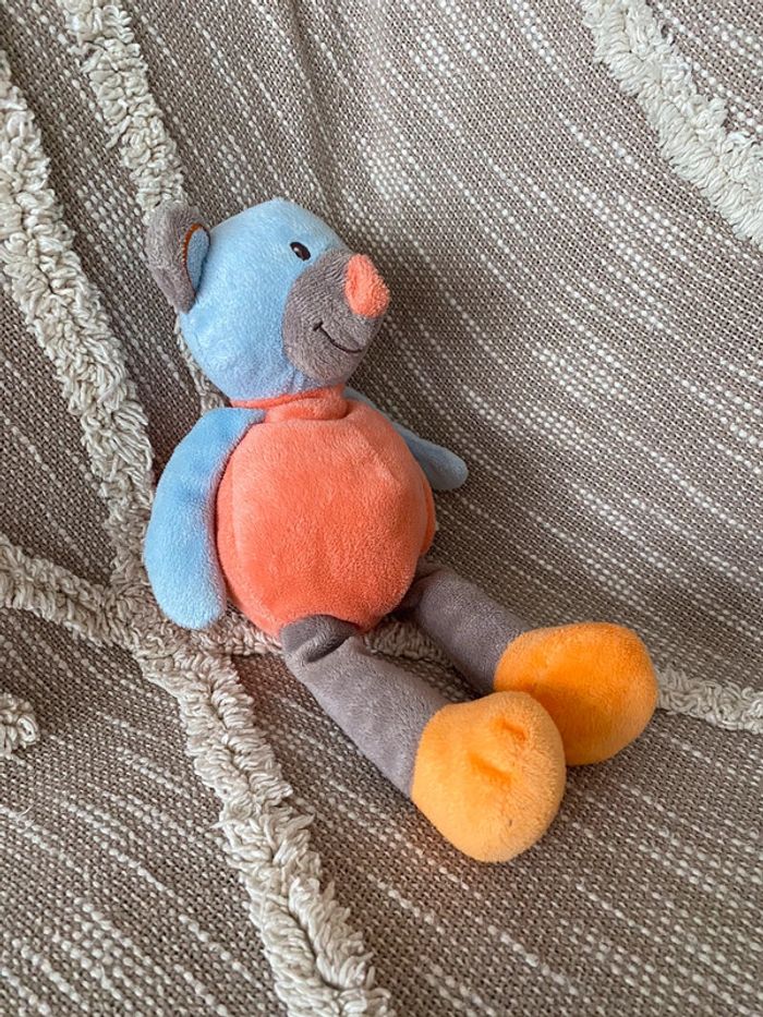 Peluche doudou 30cm Doukidou ours bleu et orange feuille très bon état - photo numéro 2