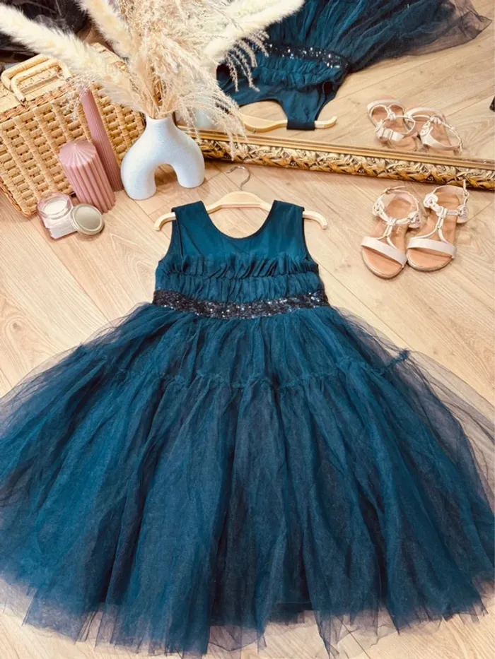Taille 10 ans robe créateur fille TAO bleu marine * sequins et tulle * 🌸