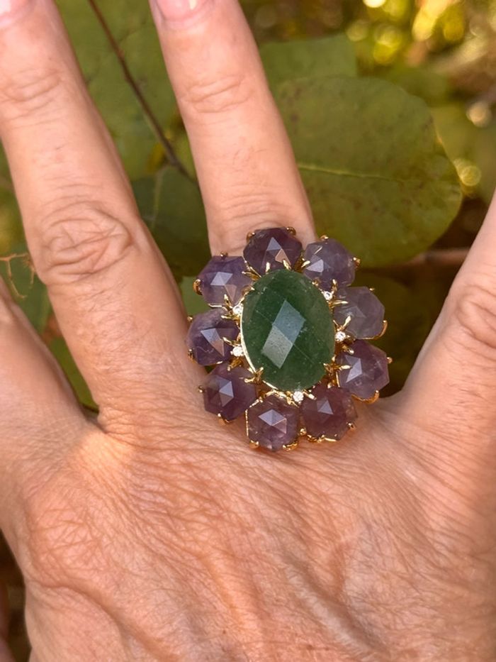 Bague xxl régi habaha Paris aventurine et améthyste serties acier inoxydable or - photo numéro 3