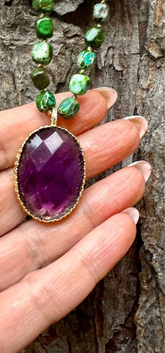 Gros collier réglable pierres malachites pendentif améthyste habaha Paris - photo numéro 7