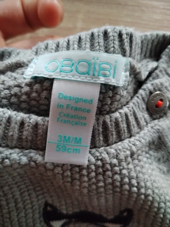 Pull gris côtelé 3 mois Obaibi - photo numéro 3