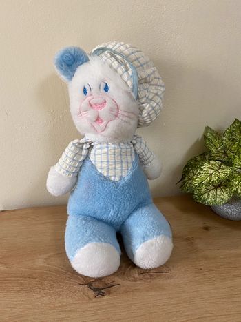 Doudou peluche chat chien casquette béret bleu blanc nounours vintage
