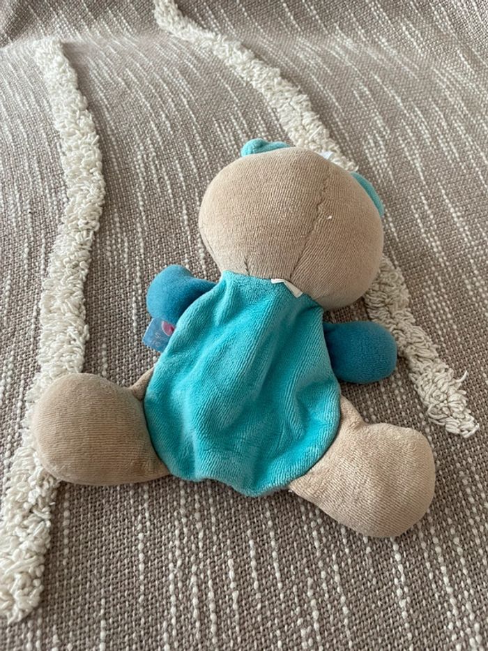 Peluche doudou plat 18cm sucre d’orge ours bleu et blanc très bon état - photo numéro 4