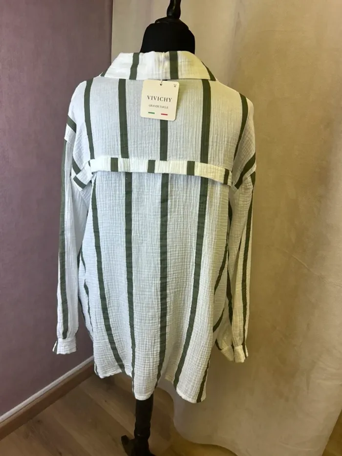 chemise femme gaz de coton kaki et blanc neuf taille 48 taille 50 top blouse femme - photo numéro 4