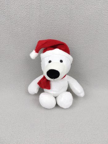 Doudou peluche ours polaire blanc bonnet Noël 22 cm KINDER Ferrero écharpe rouge