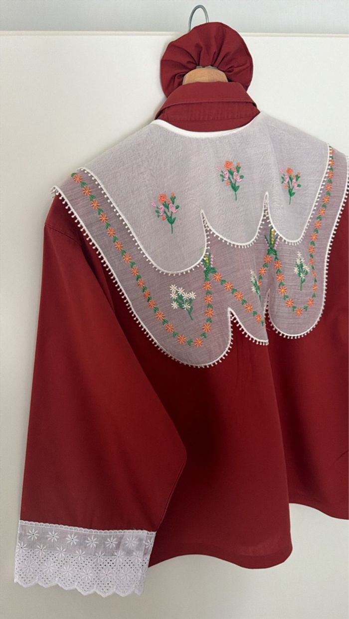 chemise coton fluide oversize rouge brique maxi col chic blanc brodé vintage - photo numéro 4