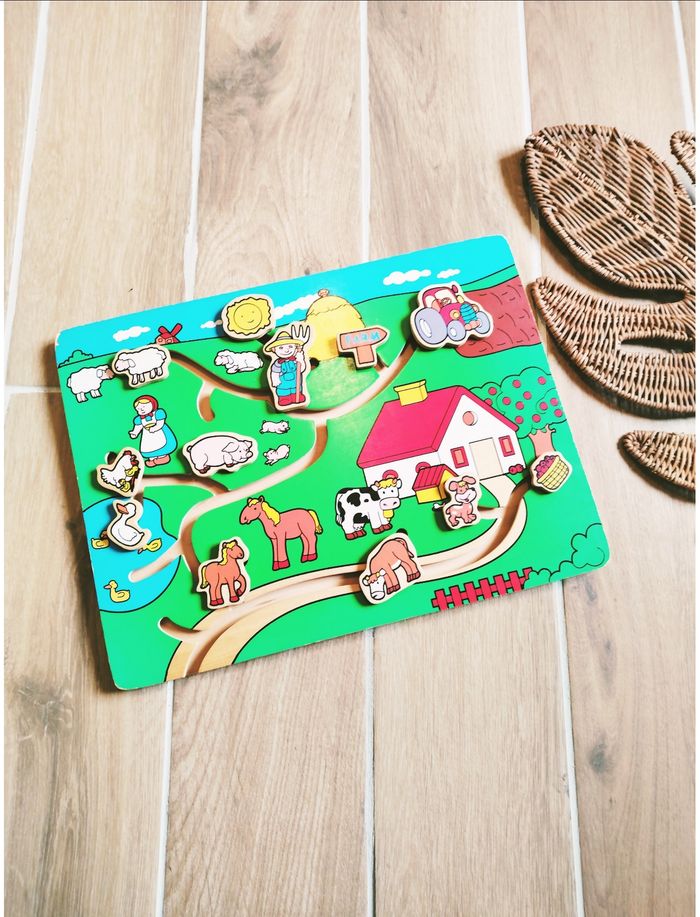 🐮 Puzzle labyrinthe La ferme avec animaux et personnages à glisser en bois Vertbaudet