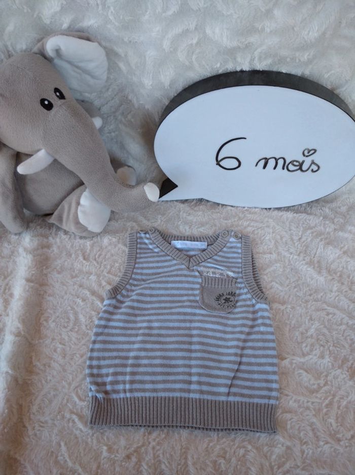 Pull col V sans manche rayé Garçon 6 mois Gémo 100% coton