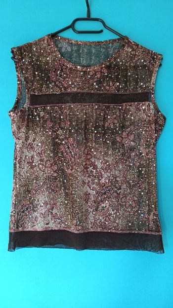 ❤Tee-shirt transparent marron avec strass et motifs vintage ❤