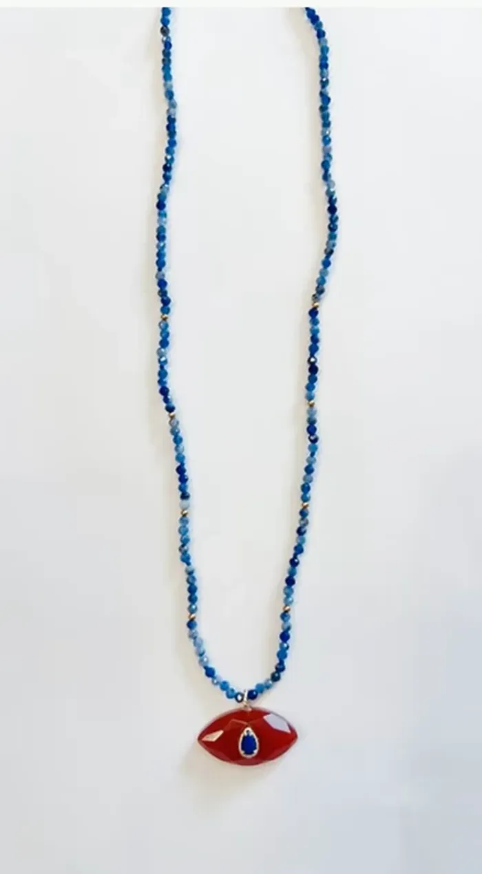 Collier chaîne réglable œil inerte véritables cornaline perles lapis-lazuli habaha Paris