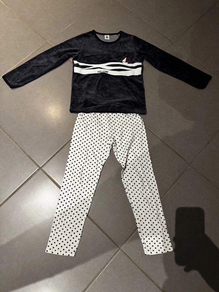 Pyjama 2 pièces (Pull en velours & pantalon à pois) - Petit Bateau - Voilier - Bleu marine - 8 ans