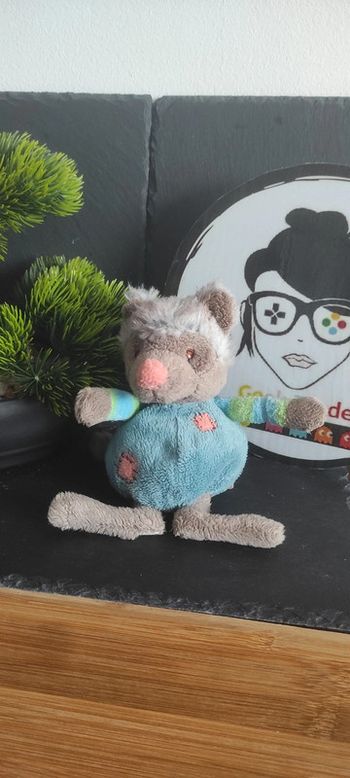 Peluche Wolfy loup Bulowski gris salopette bleu vert rayé rayure orange 15/20 Cm