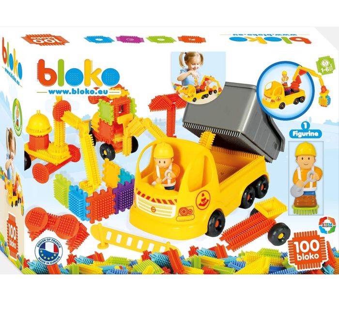 BLOKO 58 pièces avec Camion de travaux et 1 Figurine – Dès 12 Mois – Fabriqué en Europe – Jouet de Construction 1er âge