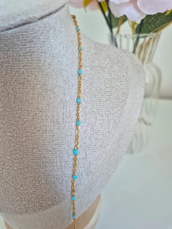 1 collier 50cm + 5 cm 🌸 en acier inoxydable perles résines bleu ciel - photo numéro 3